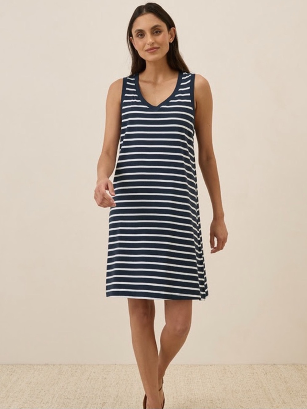 Pact Navy and White Striped V-Neck Tank Dress
